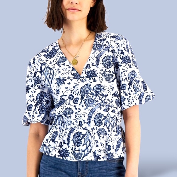 INC INTERNATIONAL CONCEPTS 100% Cotton Knit Surplice Front Bubble Sleeve Top L - Picture 1 of 9